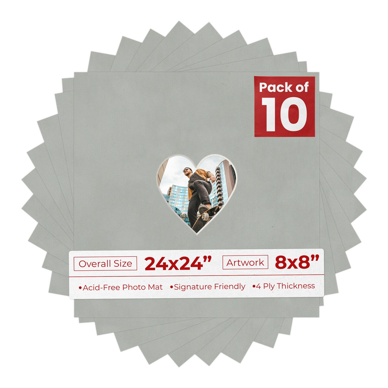 Light Grey Suede Mat Board for 24x24 Frames - Heart Opening for 8x8 Photos